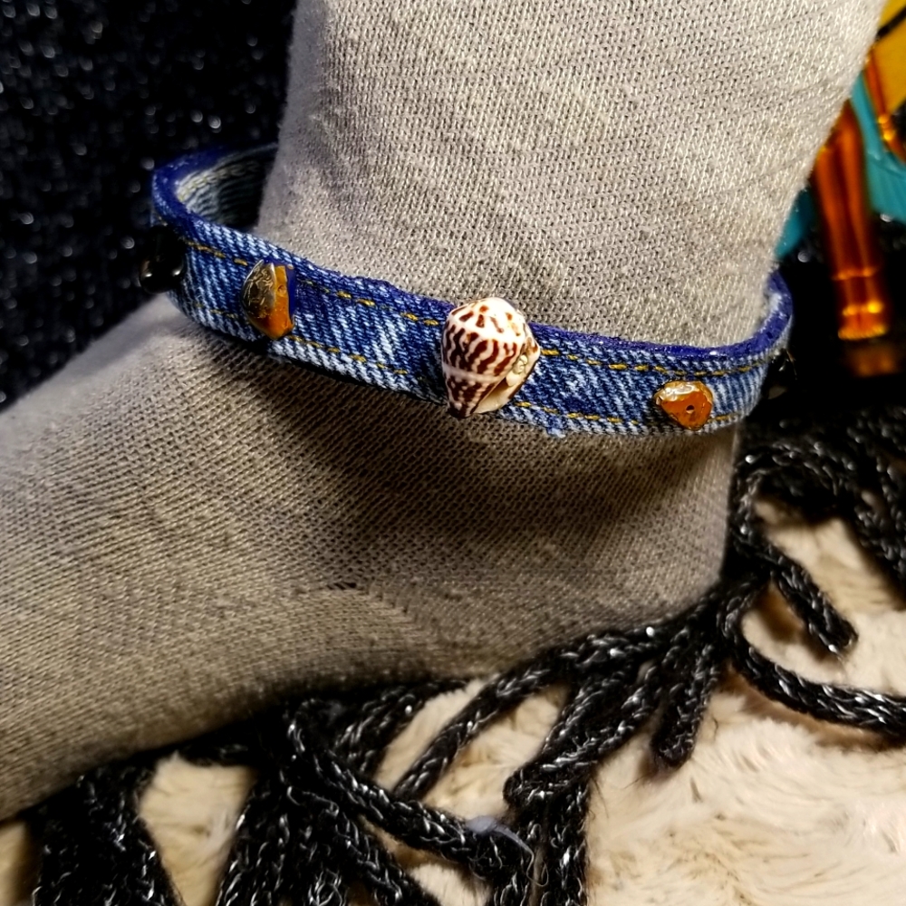 Women blue jeans denim fabric ankle bracelet, denim gemstones anklet